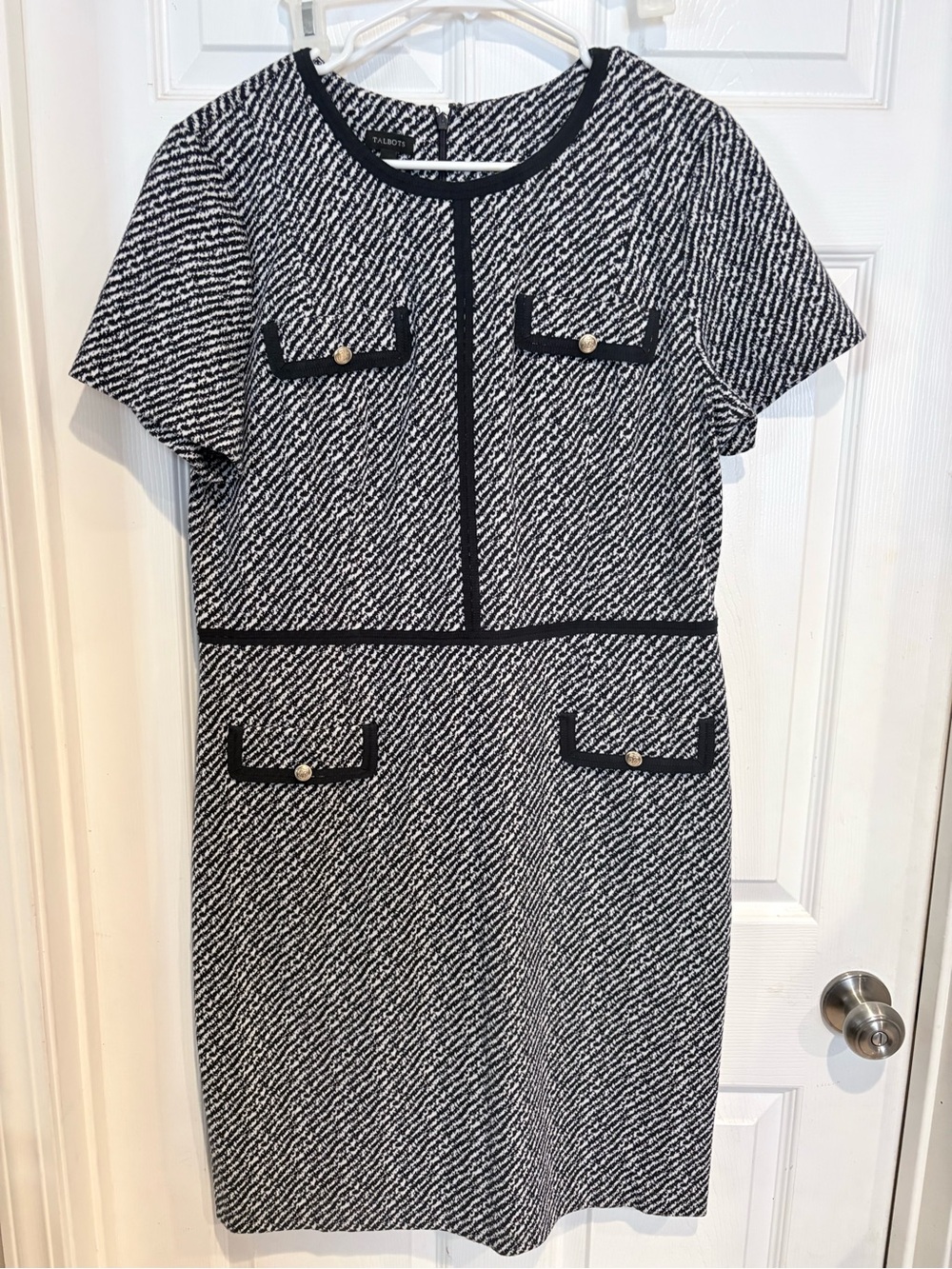 Talbots Black and White Textured Tweed Shift Dress with Gold Buttons